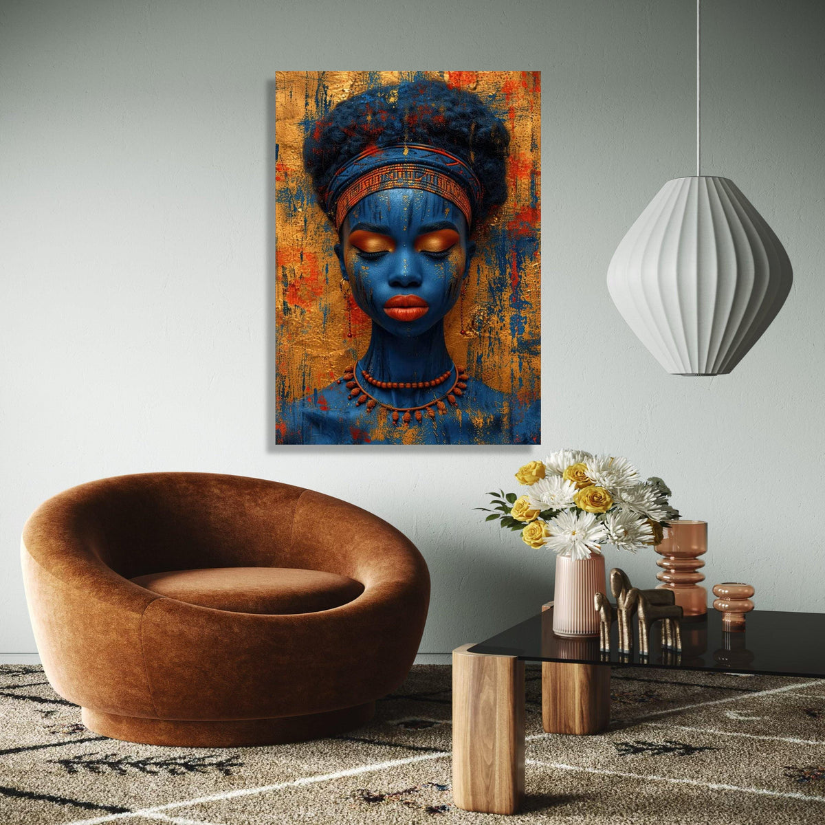 Vibrant Blue Tribal Woman Canvas, African Art Portrait Wall Decor, Ethnic Face Paint Canvas, Colorful Cultural Gift Art, Home Decor, Print