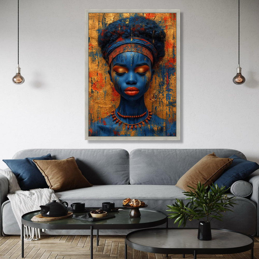 Vibrant Blue Tribal Woman Canvas, African Art Portrait Wall Decor, Ethnic Face Paint Canvas, Colorful Cultural Gift Art, Home Decor, Print