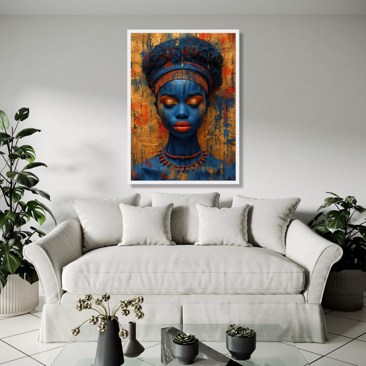 Vibrant Blue Tribal Woman Canvas, African Art Portrait Wall Decor, Ethnic Face Paint Canvas, Colorful Cultural Gift Art, Home Decor, Print