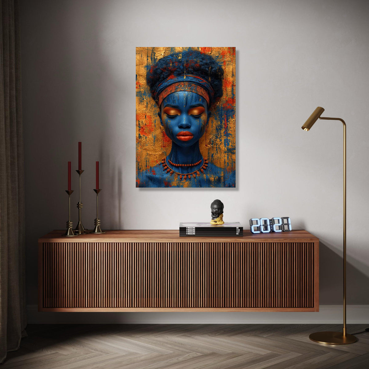 Vibrant Blue Tribal Woman Canvas, African Art Portrait Wall Decor, Ethnic Face Paint Canvas, Colorful Cultural Gift Art, Home Decor, Print