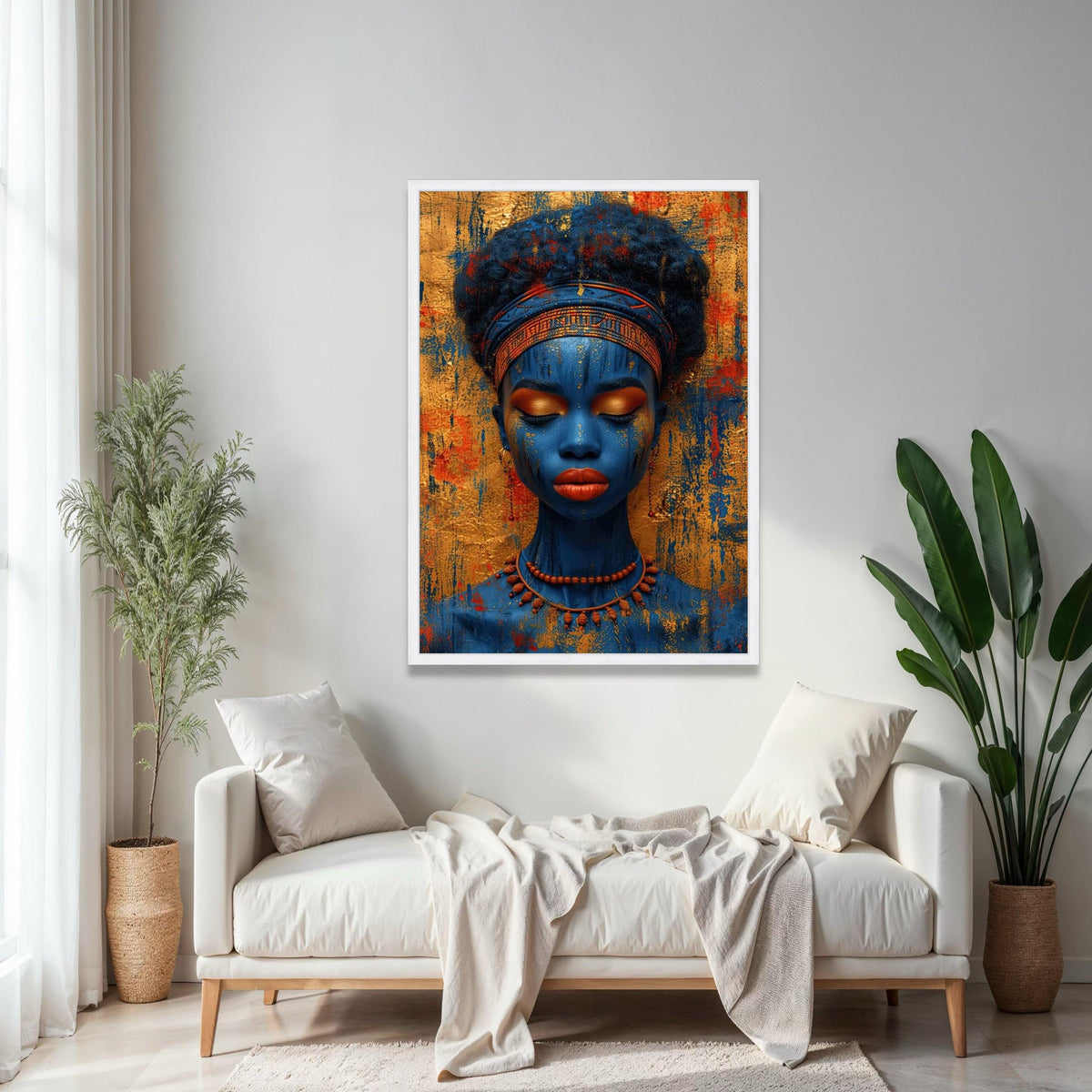 Vibrant Blue Tribal Woman Canvas, African Art Portrait Wall Decor, Ethnic Face Paint Canvas, Colorful Cultural Gift Art, Home Decor, Print
