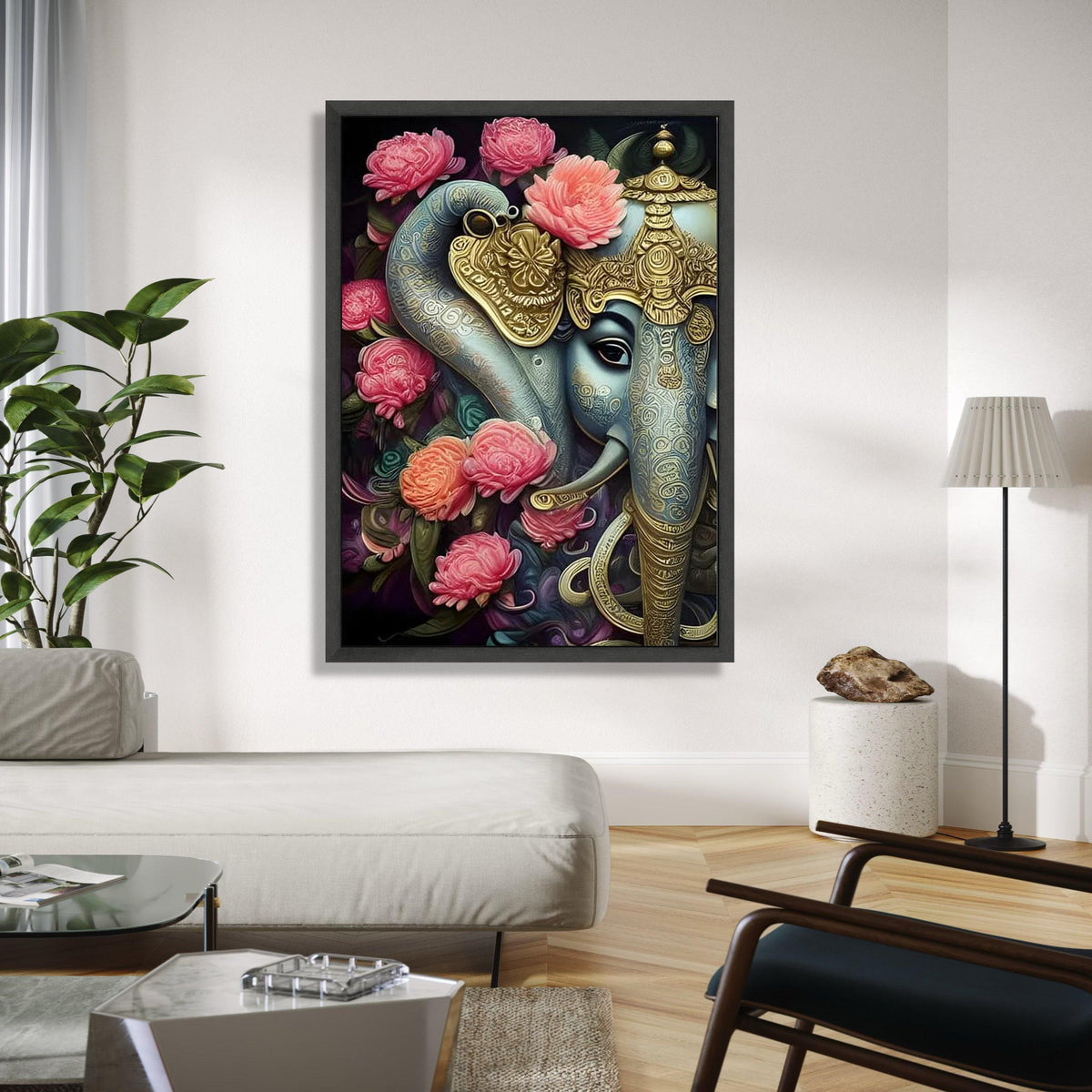 Majestic Lord Ganesha Canvas Wall Art, Ornate Elephant God Painting with Pink Floral Accents, Indian Spiritual Gift Art, Home Decor, Print