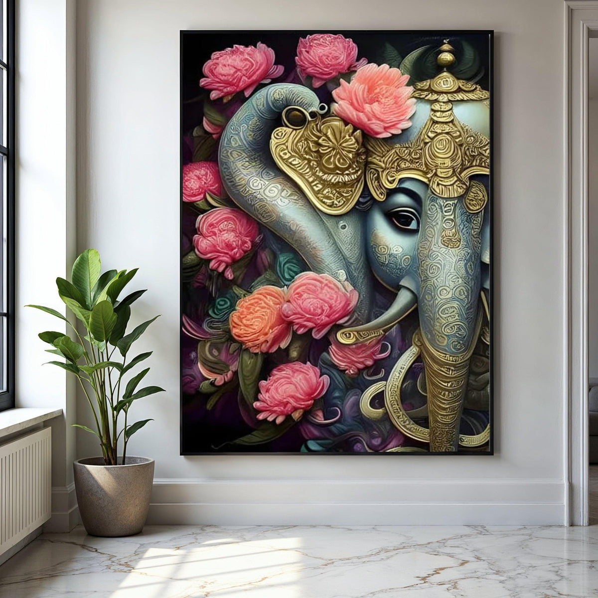 Majestic Lord Ganesha Canvas Wall Art, Ornate Elephant God Painting with Pink Floral Accents, Indian Spiritual Gift Art, Home Decor, Print