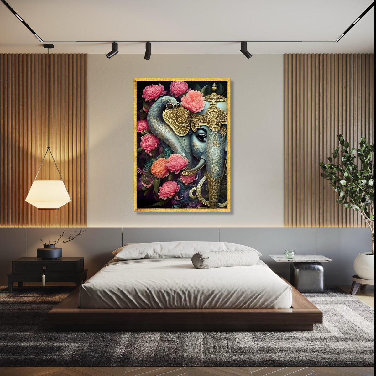 Majestic Lord Ganesha Canvas Wall Art, Ornate Elephant God Painting with Pink Floral Accents, Indian Spiritual Gift Art, Home Decor, Print
