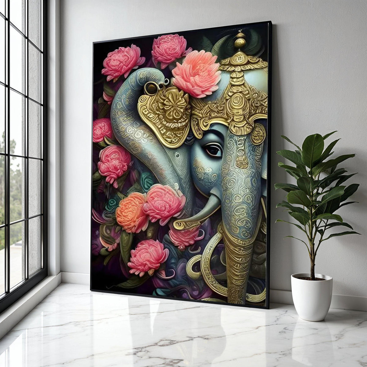 Majestic Lord Ganesha Canvas Wall Art, Ornate Elephant God Painting with Pink Floral Accents, Indian Spiritual Gift Art, Home Decor, Print