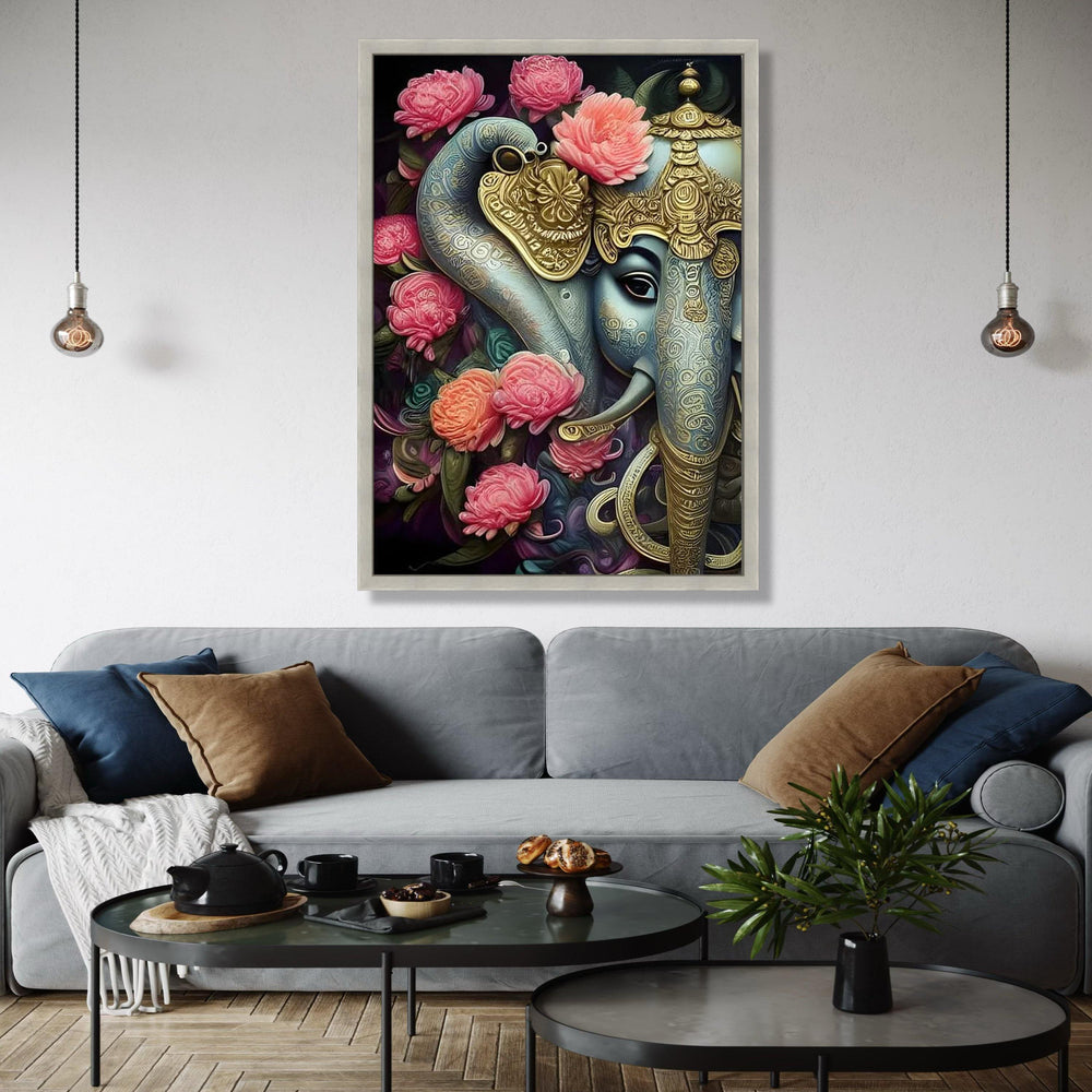 Majestic Lord Ganesha Canvas Wall Art, Ornate Elephant God Painting with Pink Floral Accents, Indian Spiritual Gift Art, Home Decor, Print