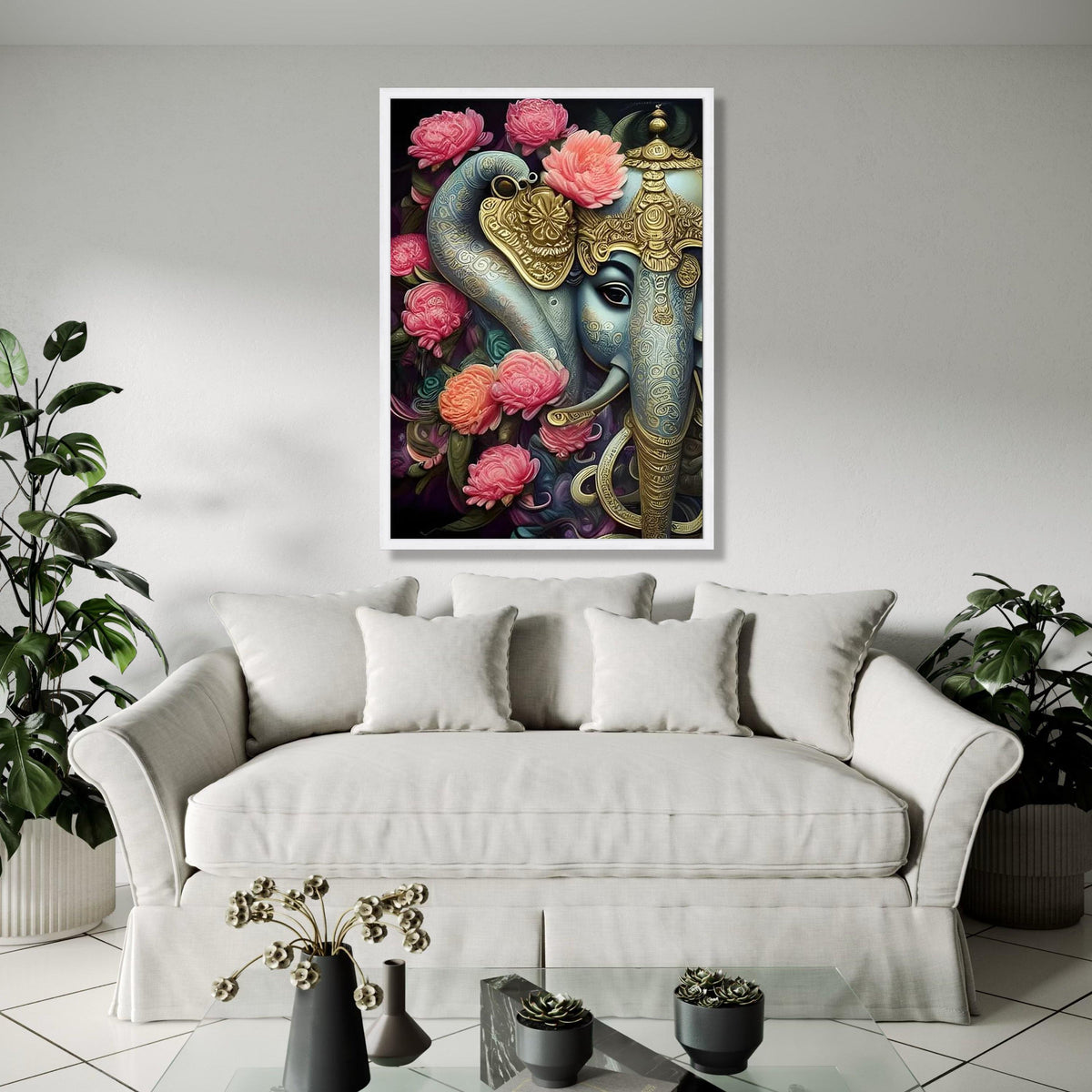Majestic Lord Ganesha Canvas Wall Art, Ornate Elephant God Painting with Pink Floral Accents, Indian Spiritual Gift Art, Home Decor, Print