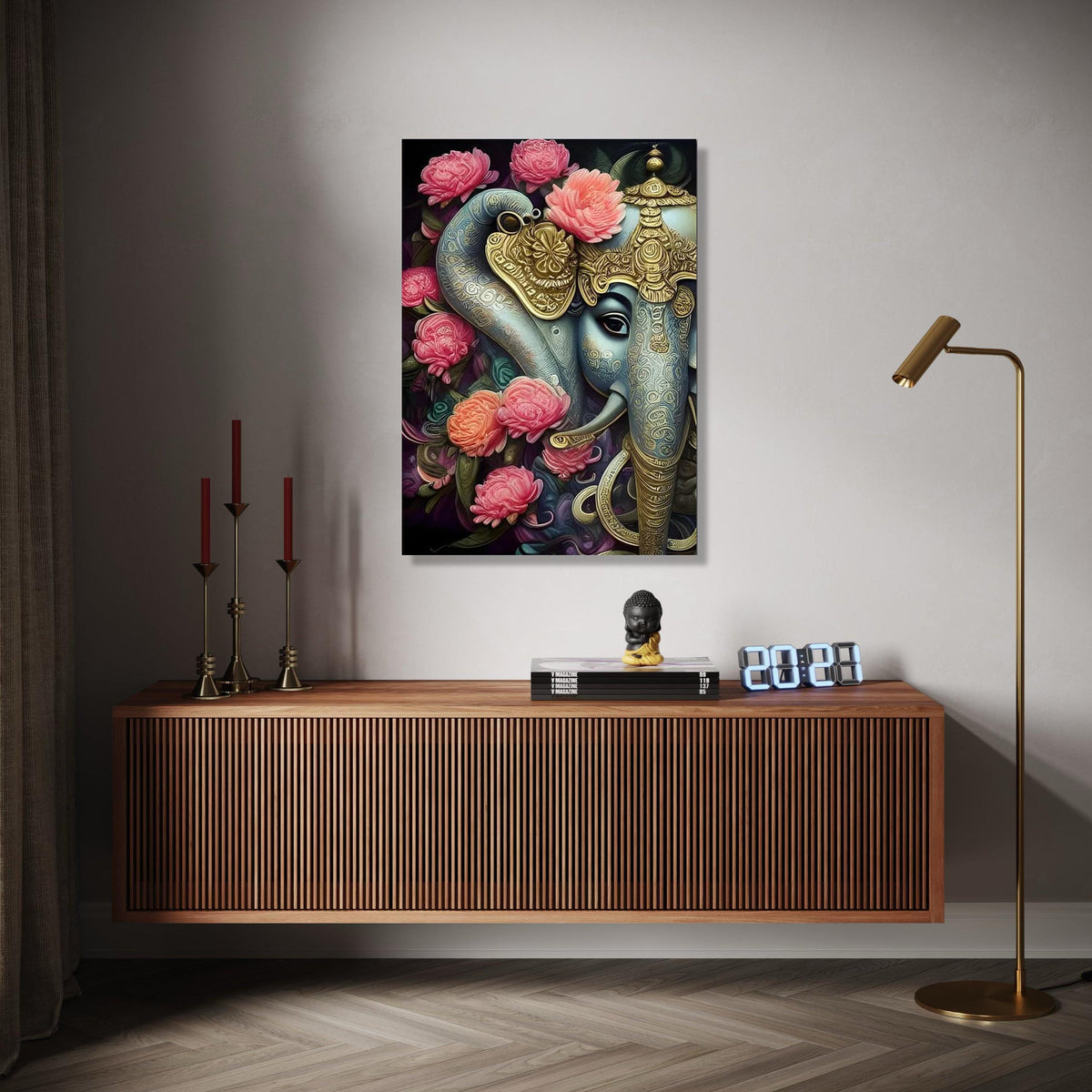 Majestic Lord Ganesha Canvas Wall Art, Ornate Elephant God Painting with Pink Floral Accents, Indian Spiritual Gift Art, Home Decor, Print