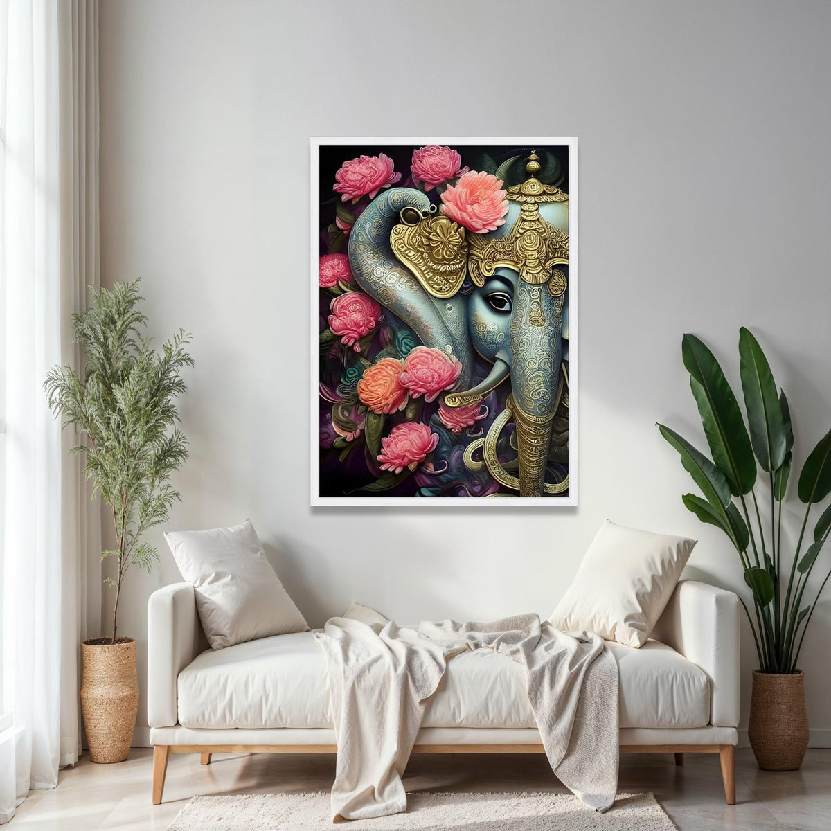 Majestic Lord Ganesha Canvas Wall Art, Ornate Elephant God Painting with Pink Floral Accents, Indian Spiritual Gift Art, Home Decor, Print