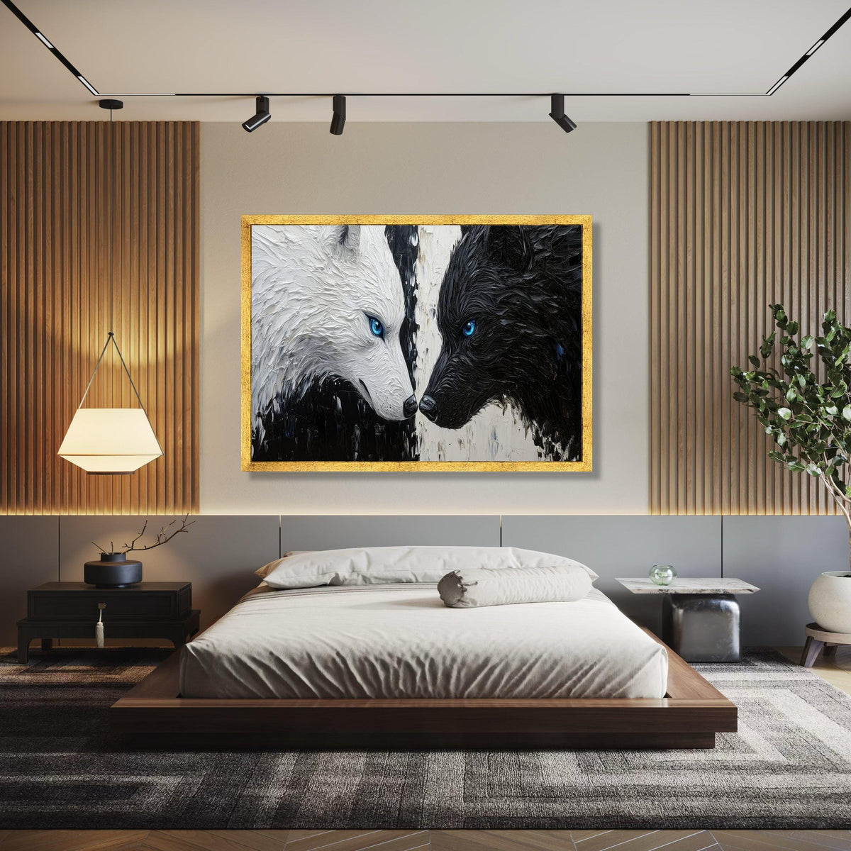 Yin Yang Wolves Canvas Wall Art, Black and White Wolf Painting, Blue Eyes Wildlife Decor, Modern Animal Canvas, Gift Art, Home Decor, Print