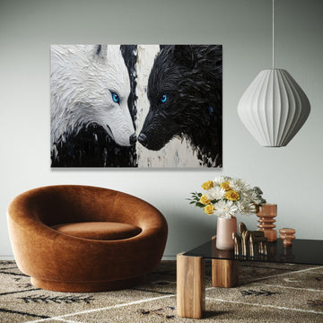 Yin Yang Wolves Canvas Wall Art, Black and White Wolf Painting, Blue Eyes Wildlife Decor, Modern Animal Canvas, Gift Art, Home Decor, Print