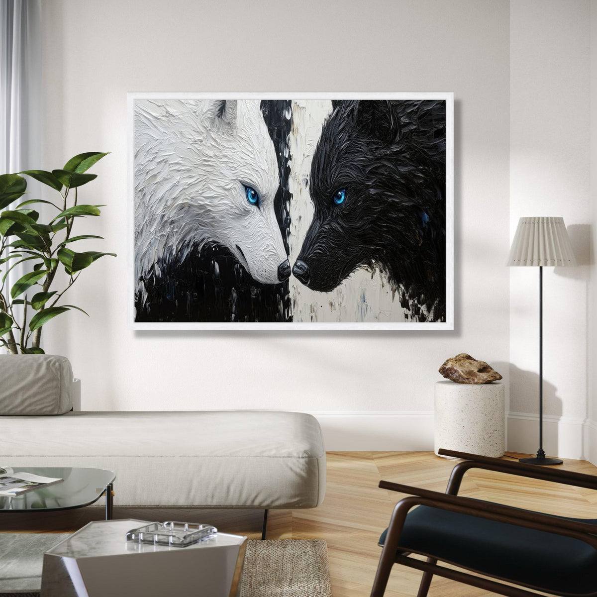 Yin Yang Wolves Canvas Wall Art, Black and White Wolf Painting, Blue Eyes Wildlife Decor, Modern Animal Canvas, Gift Art, Home Decor, Print