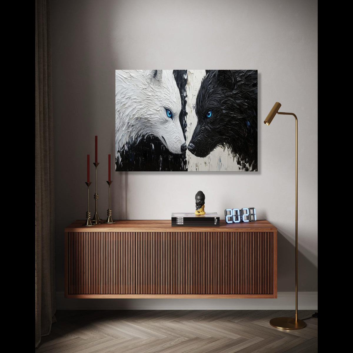 Yin Yang Wolves Canvas Wall Art, Black and White Wolf Painting, Blue Eyes Wildlife Decor, Modern Animal Canvas, Gift Art, Home Decor, Print