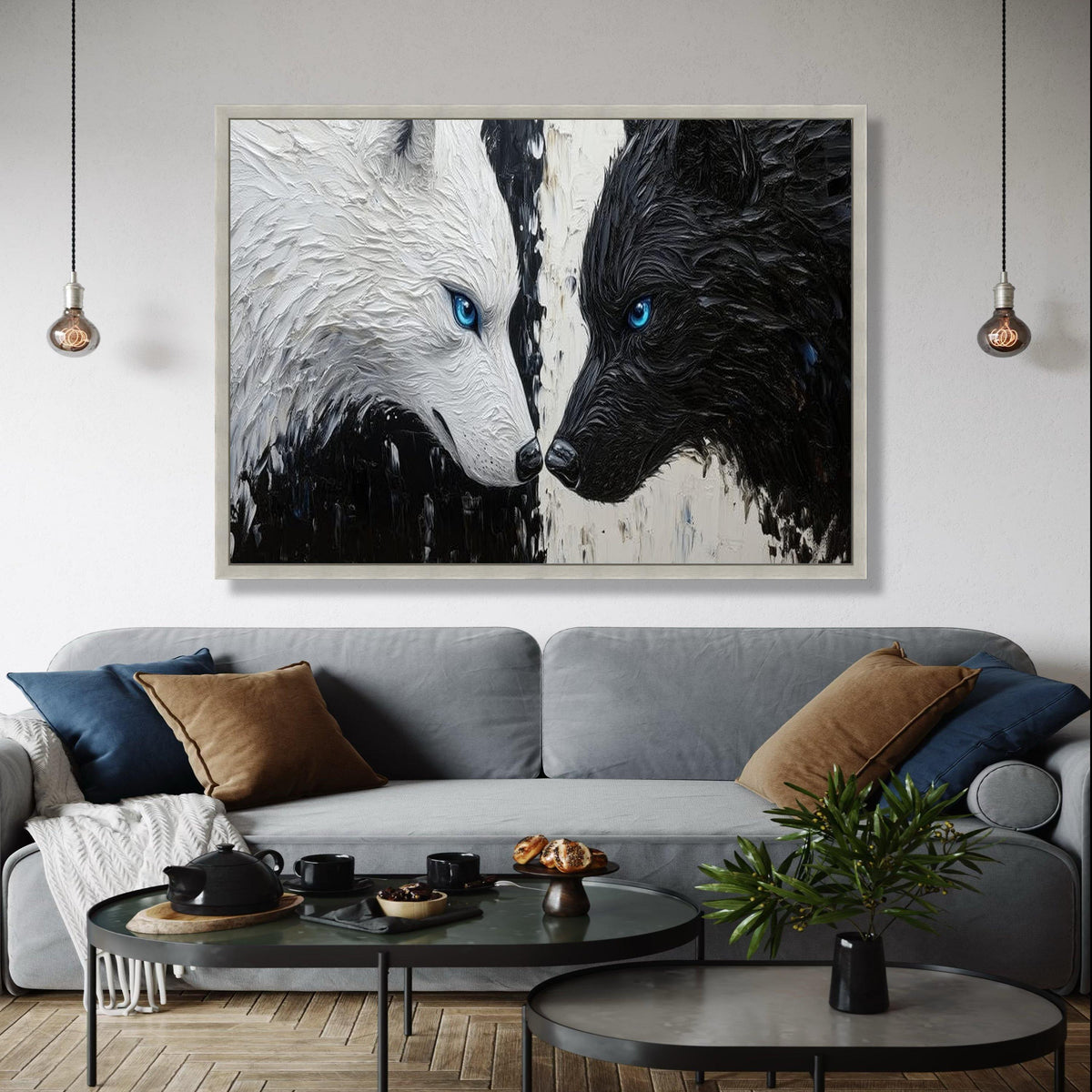 Yin Yang Wolves Canvas Wall Art, Black and White Wolf Painting, Blue Eyes Wildlife Decor, Modern Animal Canvas, Gift Art, Home Decor, Print