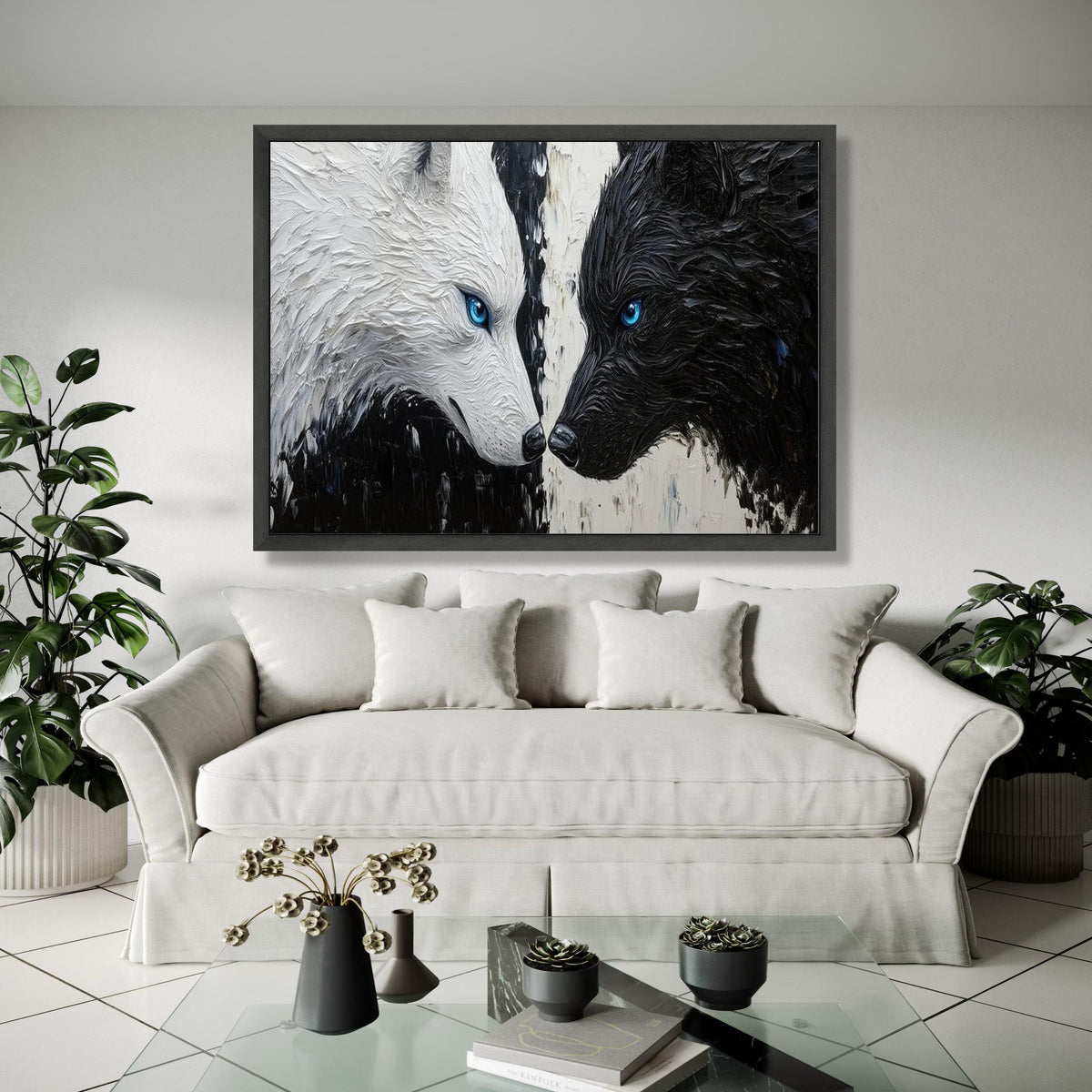 Yin Yang Wolves Canvas Wall Art, Black and White Wolf Painting, Blue Eyes Wildlife Decor, Modern Animal Canvas, Gift Art, Home Decor, Print