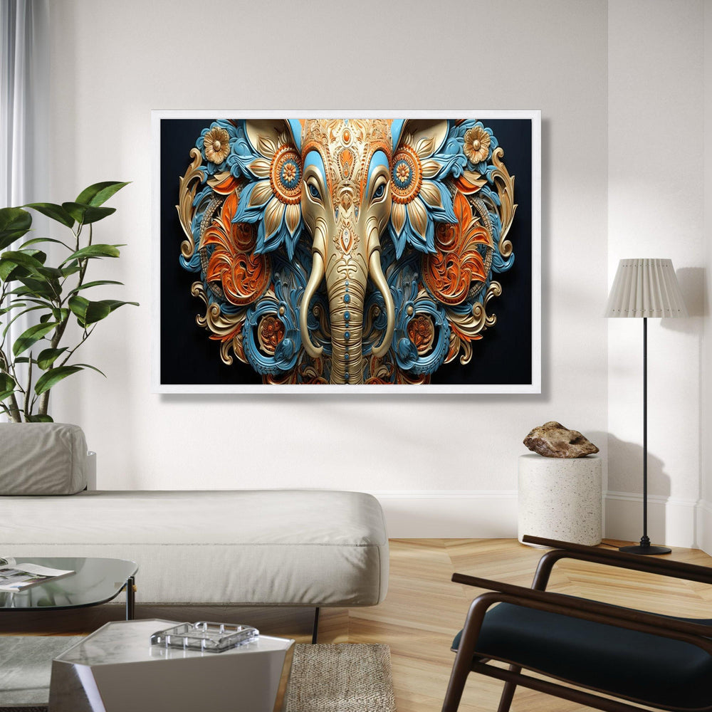Ornate Elephant Head Canvas, 3D Floral Wall Art, Blue and Gold Indian Decor, Elephant Canvas Art, Artistic Gift Art, Home Decor, Print