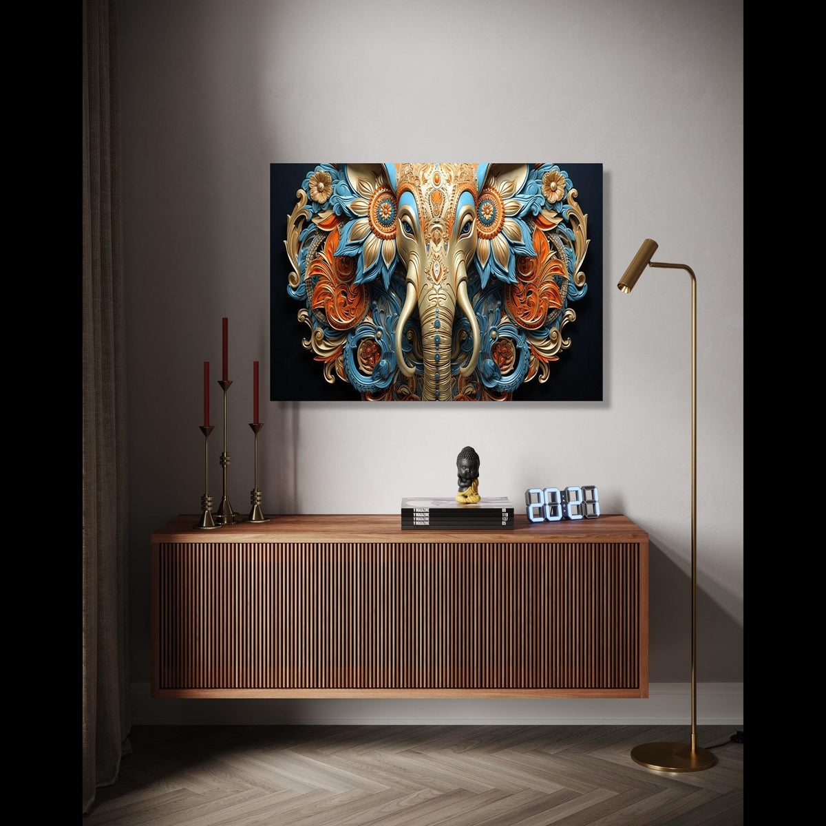 Ornate Elephant Head Canvas, 3D Floral Wall Art, Blue and Gold Indian Decor, Elephant Canvas Art, Artistic Gift Art, Home Decor, Print