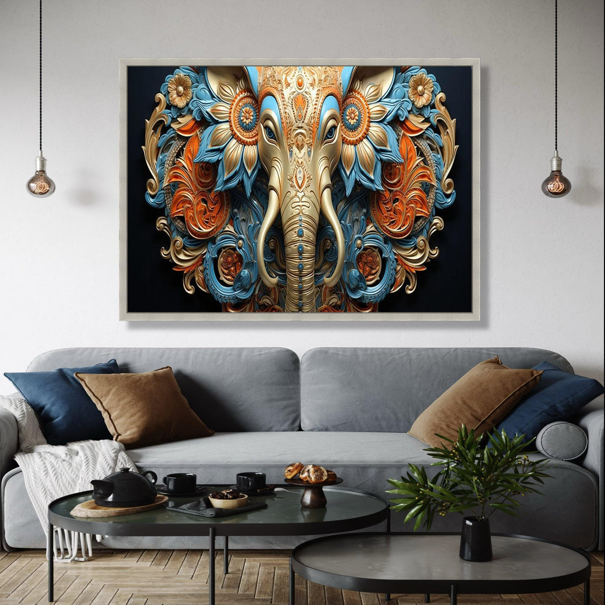 Ornate Elephant Head Canvas, 3D Floral Wall Art, Blue and Gold Indian Decor, Elephant Canvas Art, Artistic Gift Art, Home Decor, Print