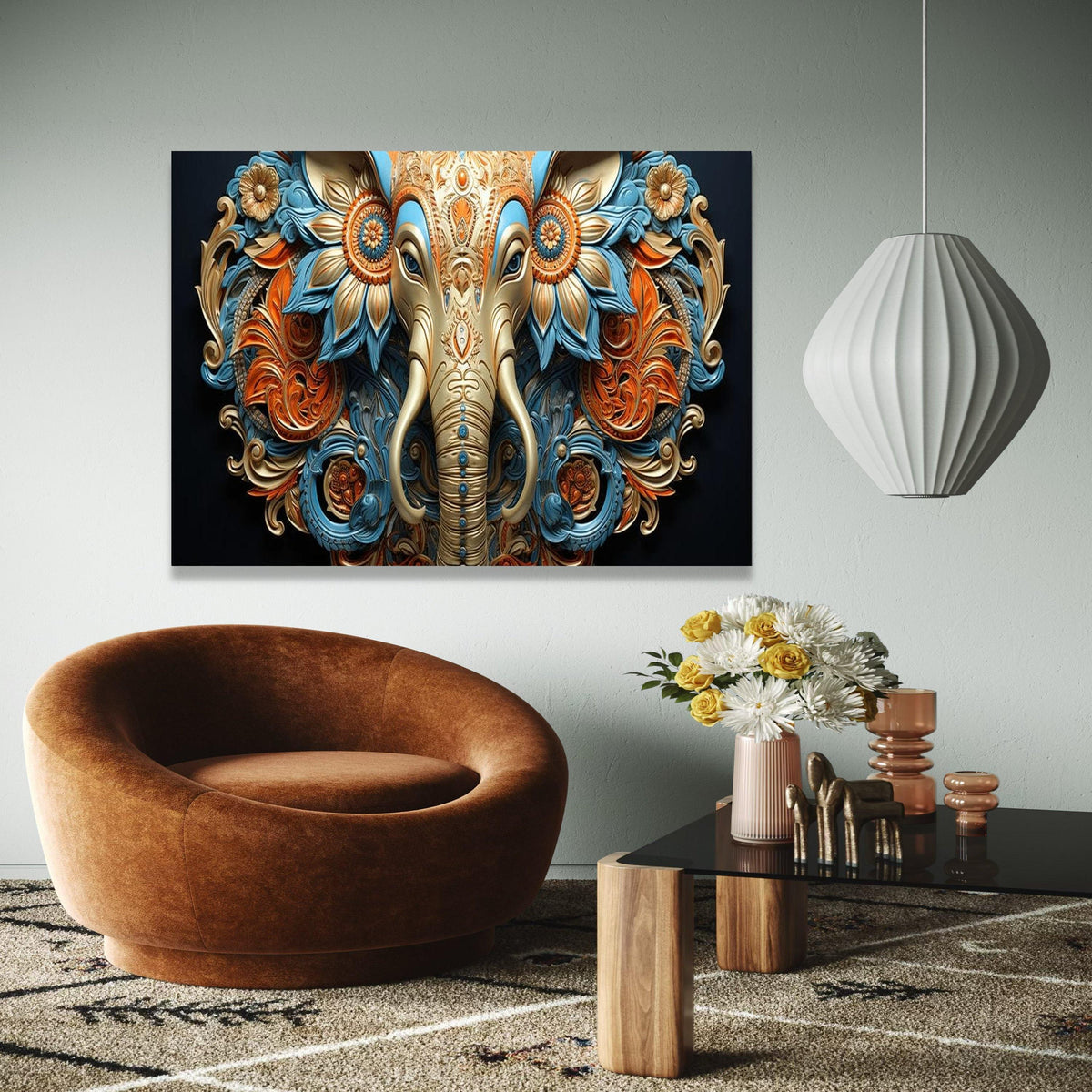 Ornate Elephant Head Canvas, 3D Floral Wall Art, Blue and Gold Indian Decor, Elephant Canvas Art, Artistic Gift Art, Home Decor, Print