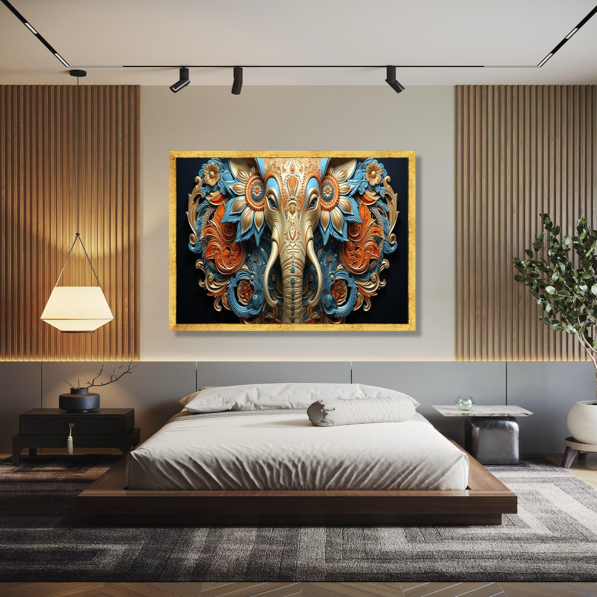Ornate Elephant Head Canvas, 3D Floral Wall Art, Blue and Gold Indian Decor, Elephant Canvas Art, Artistic Gift Art, Home Decor, Print