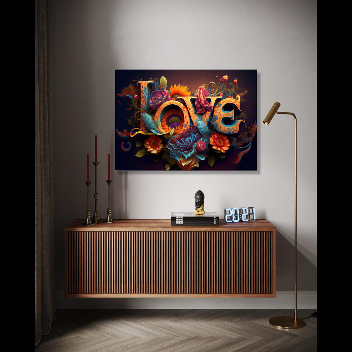 Vibrant Love Typography Canvas, Floral Garden Wall Art, Romantic Floral Canvas, Colorful Flower Decoration, Home Gift Art, Home Decor, Print