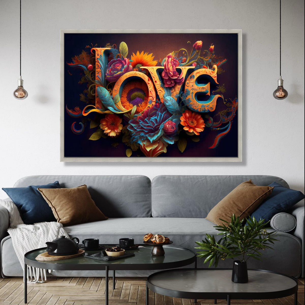 Vibrant Love Typography Canvas, Floral Garden Wall Art, Romantic Floral Canvas, Colorful Flower Decoration, Home Gift Art, Home Decor, Print