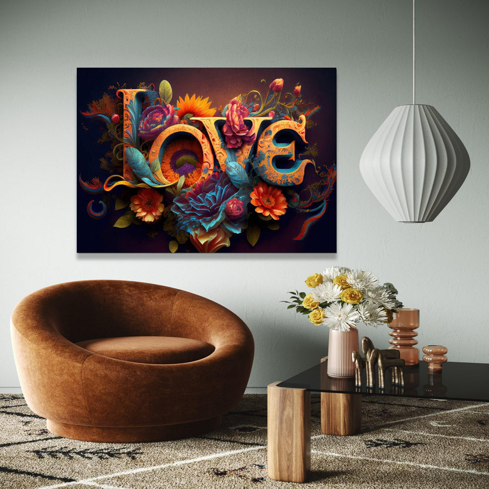 Vibrant Love Typography Canvas, Floral Garden Wall Art, Romantic Floral Canvas, Colorful Flower Decoration, Home Gift Art, Home Decor, Print