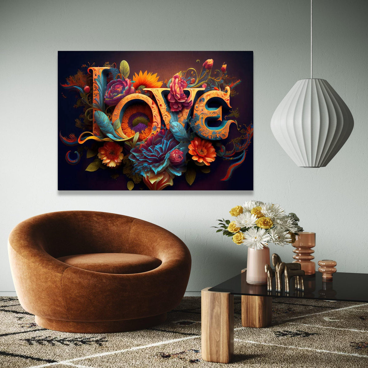 Vibrant Love Typography Canvas, Floral Garden Wall Art, Romantic Floral Canvas, Colorful Flower Decoration, Home Gift Art, Home Decor, Print