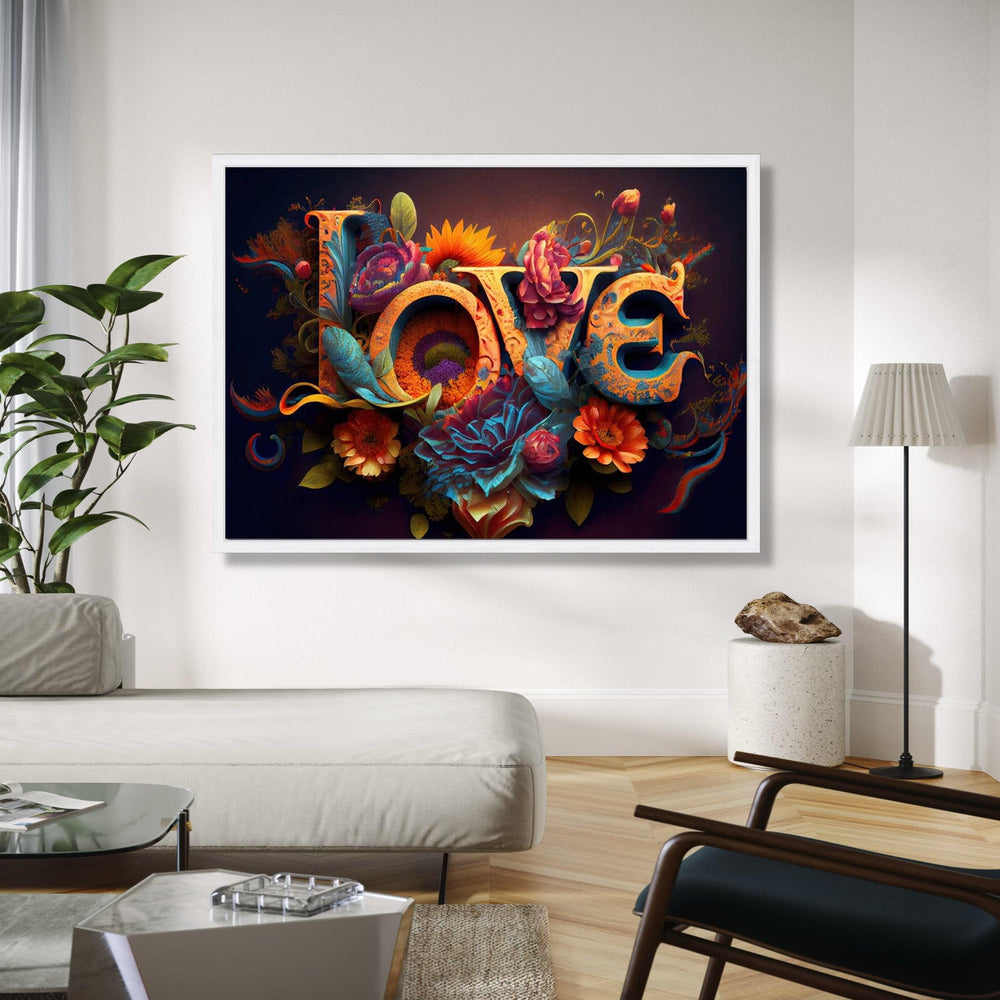 Vibrant Love Typography Canvas, Floral Garden Wall Art, Romantic Floral Canvas, Colorful Flower Decoration, Home Gift Art, Home Decor, Print