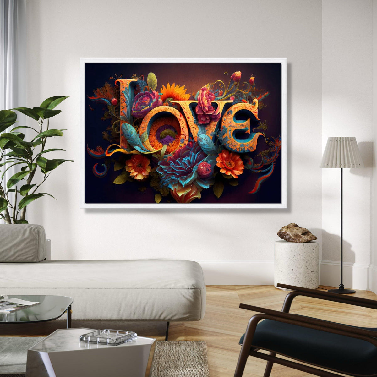 Vibrant Love Typography Canvas, Floral Garden Wall Art, Romantic Floral Canvas, Colorful Flower Decoration, Home Gift Art, Home Decor, Print