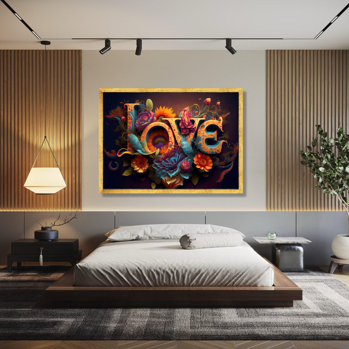 Vibrant Love Typography Canvas, Floral Garden Wall Art, Romantic Floral Canvas, Colorful Flower Decoration, Home Gift Art, Home Decor, Print