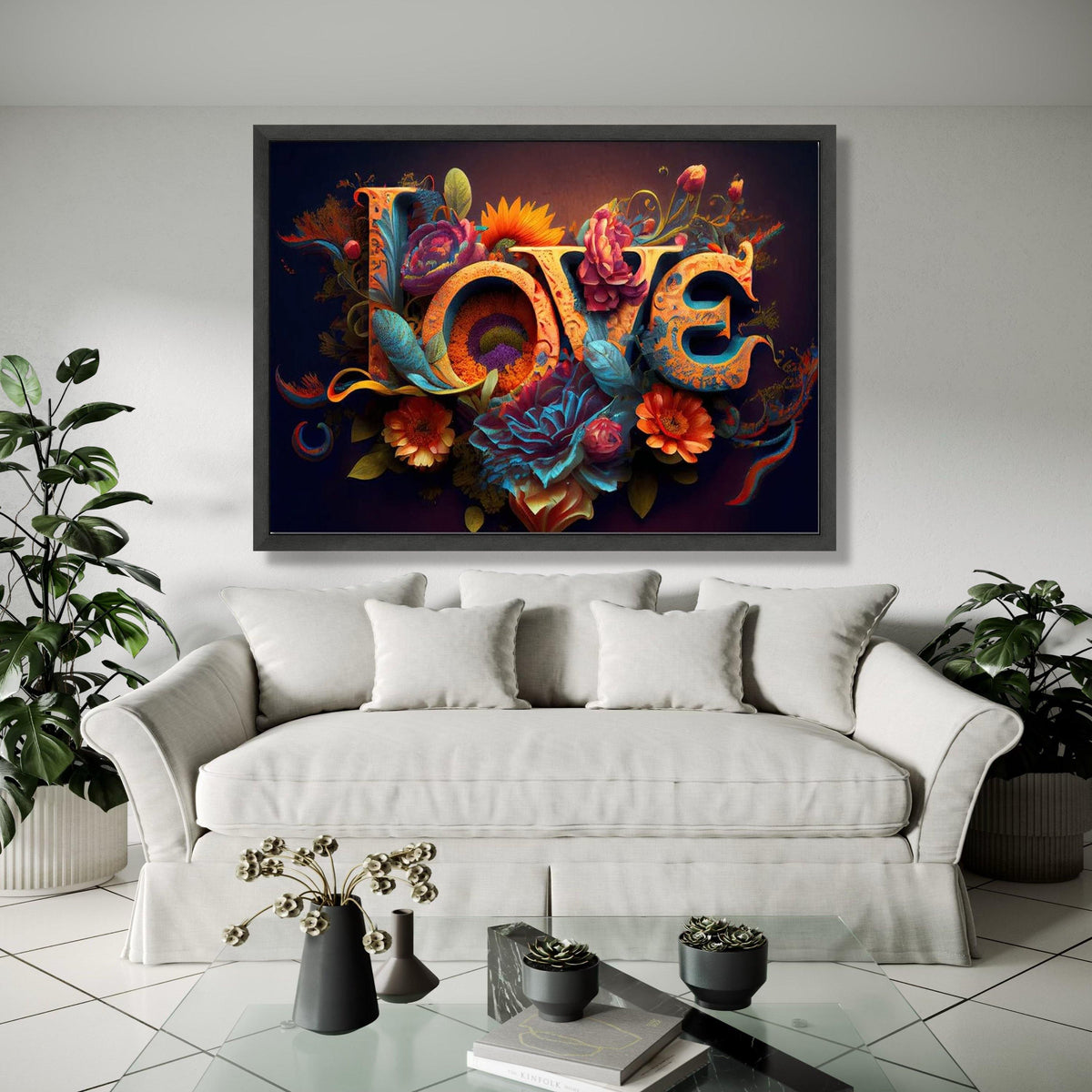 Vibrant Love Typography Canvas, Floral Garden Wall Art, Romantic Floral Canvas, Colorful Flower Decoration, Home Gift Art, Home Decor, Print