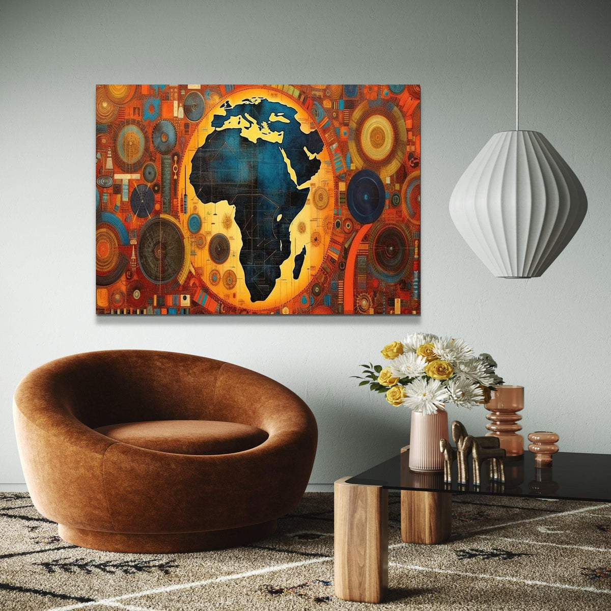 Modern Africa Map Canvas, Abstract Geometric Wall Art, Vibrant Orange Blue Home Decor, Unique Cultural Canvas, Gift Art, Home Decor, Print