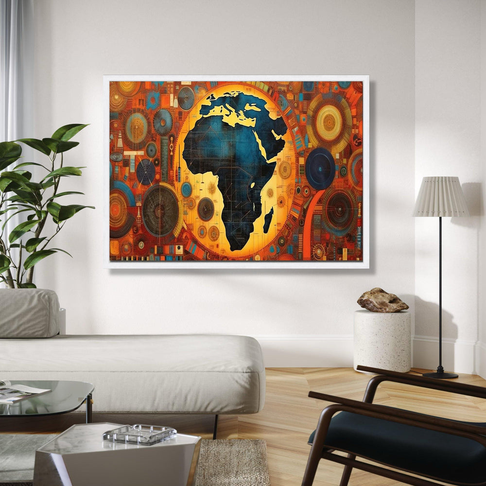 Modern Africa Map Canvas, Abstract Geometric Wall Art, Vibrant Orange Blue Home Decor, Unique Cultural Canvas, Gift Art, Home Decor, Print