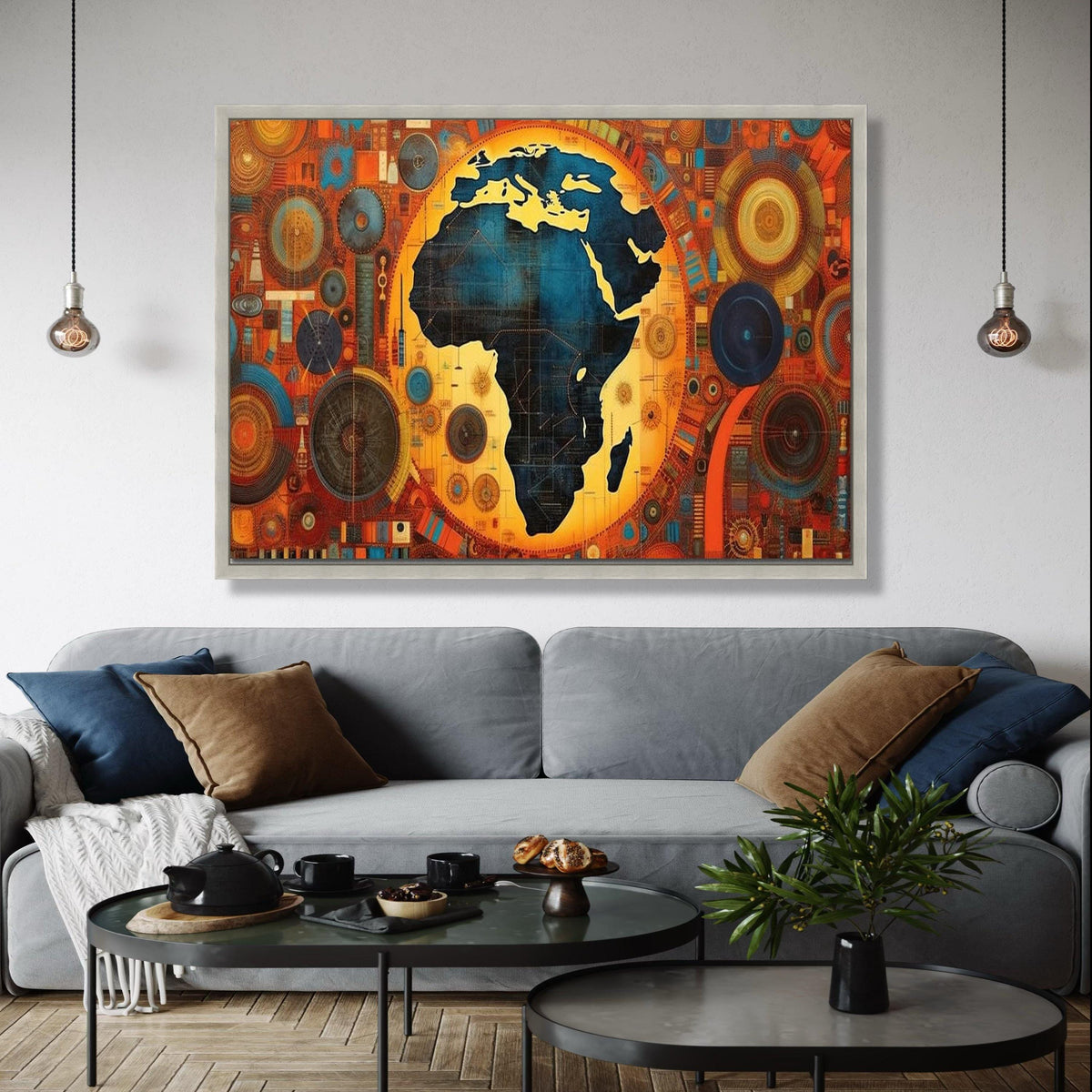 Modern Africa Map Canvas, Abstract Geometric Wall Art, Vibrant Orange Blue Home Decor, Unique Cultural Canvas, Gift Art, Home Decor, Print