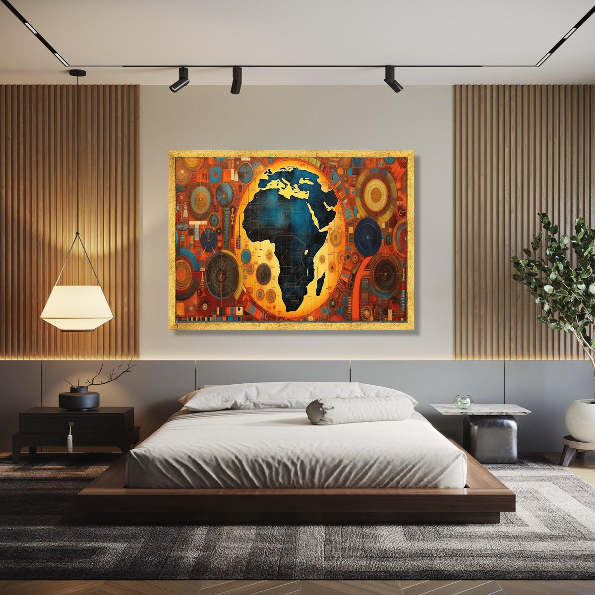 Modern Africa Map Canvas, Abstract Geometric Wall Art, Vibrant Orange Blue Home Decor, Unique Cultural Canvas, Gift Art, Home Decor, Print