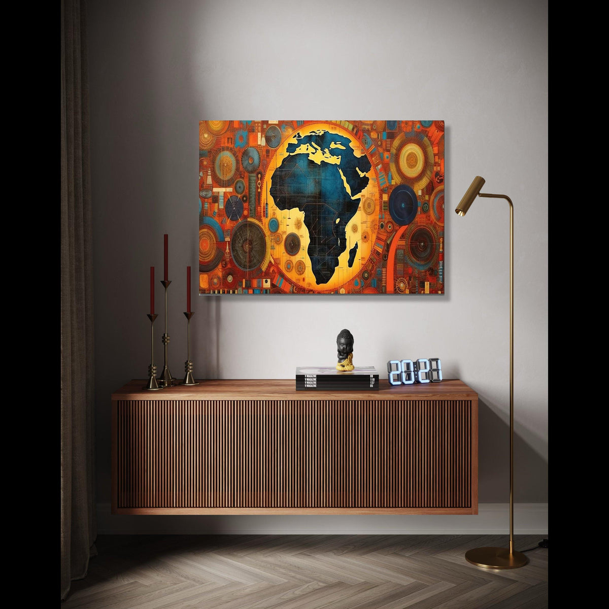 Modern Africa Map Canvas, Abstract Geometric Wall Art, Vibrant Orange Blue Home Decor, Unique Cultural Canvas, Gift Art, Home Decor, Print
