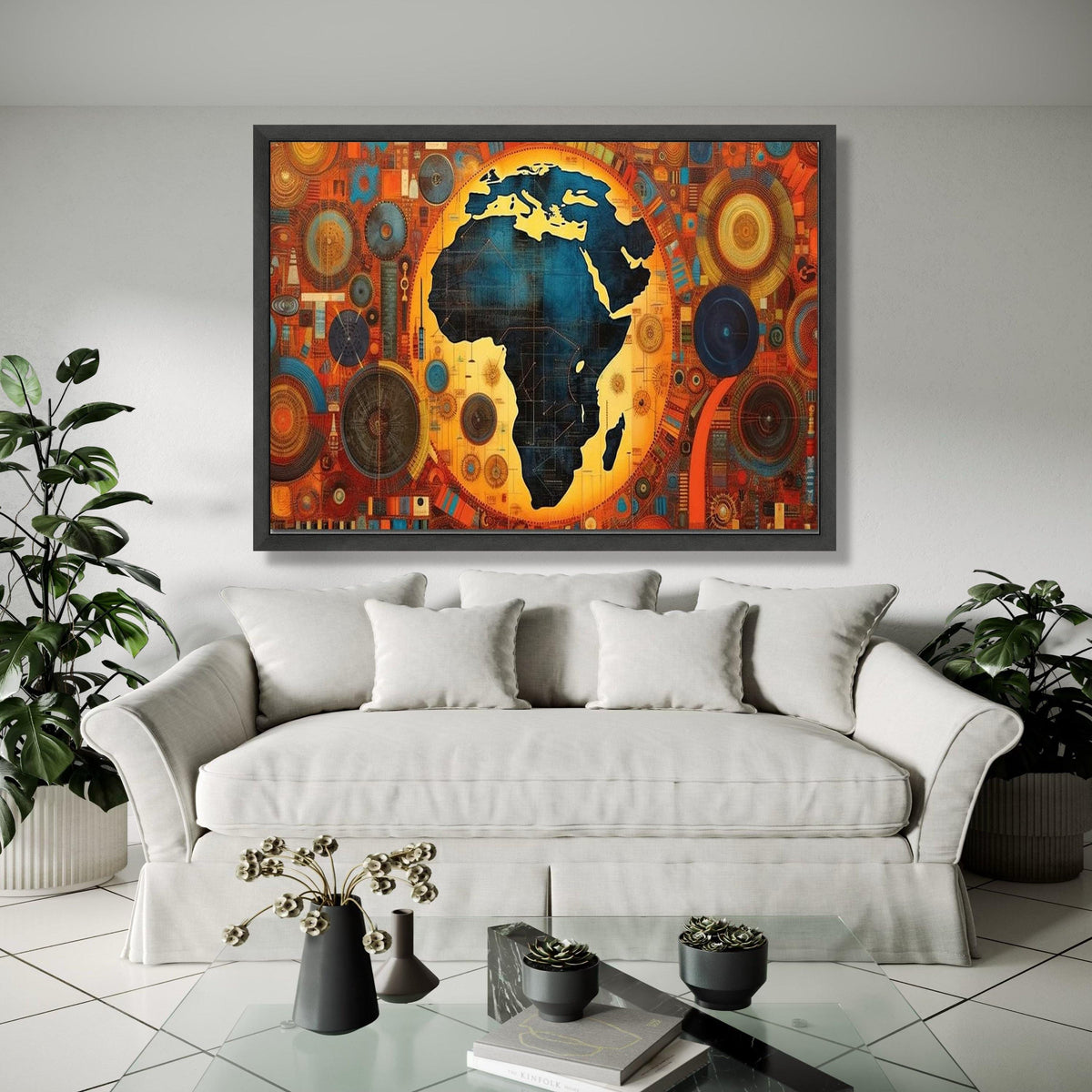Modern Africa Map Canvas, Abstract Geometric Wall Art, Vibrant Orange Blue Home Decor, Unique Cultural Canvas, Gift Art, Home Decor, Print