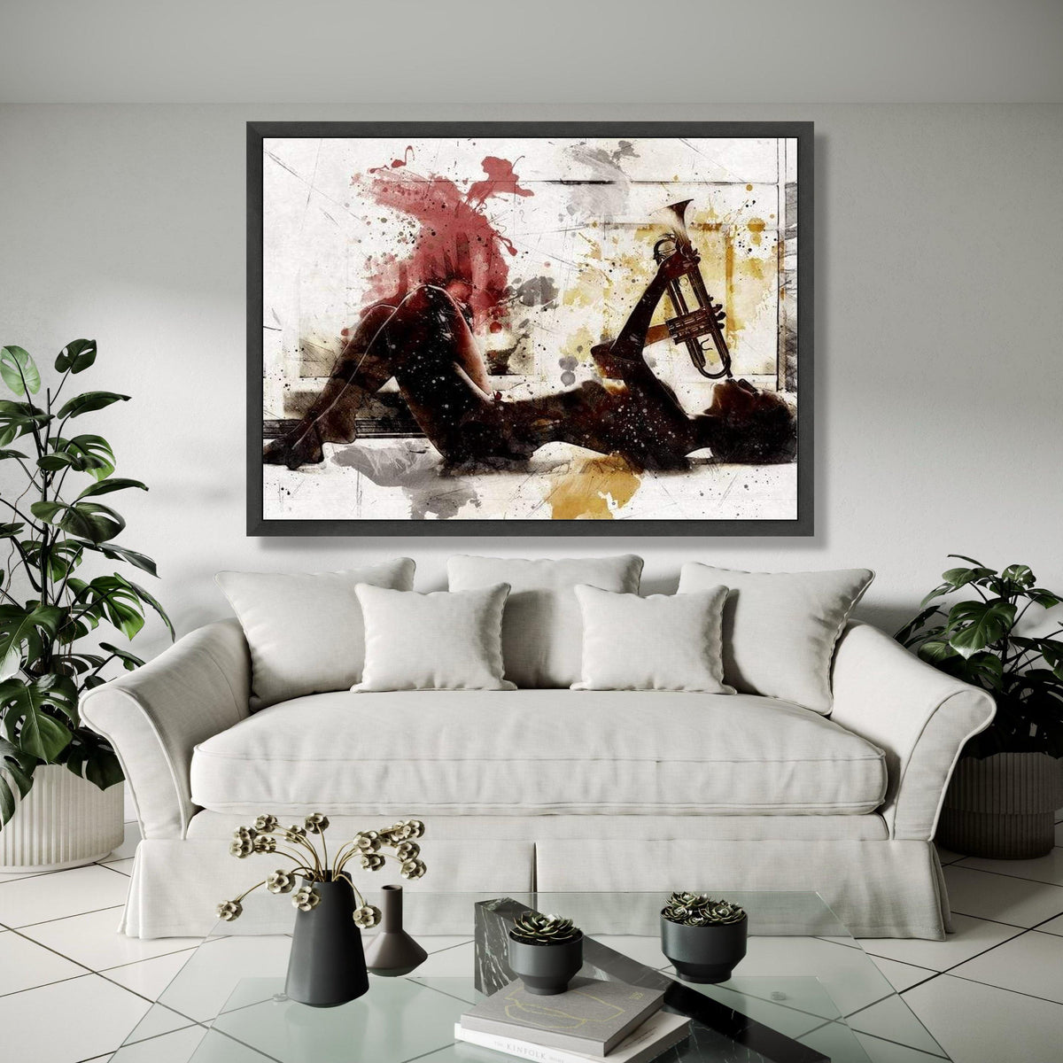 Musician Silhouette Playing Trumpet, Abstract Watercolor Canvas, Jazz Instrument Art, Modern Wall Art Decor, Gift Art, Home Decor, Print
