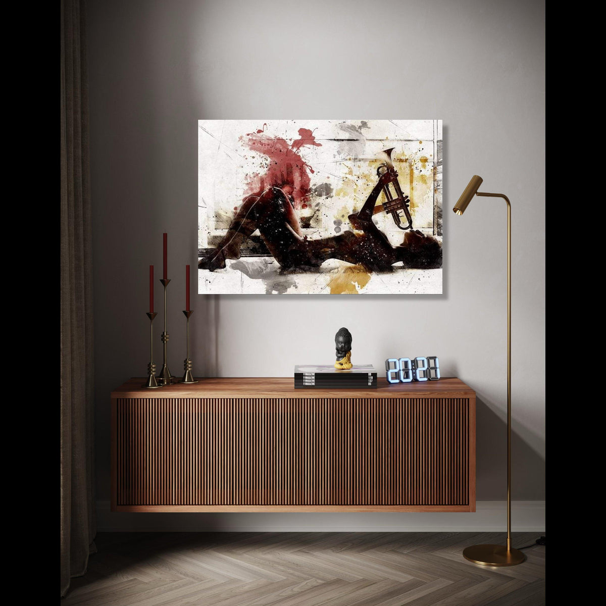 Musician Silhouette Playing Trumpet, Abstract Watercolor Canvas, Jazz Instrument Art, Modern Wall Art Decor, Gift Art, Home Decor, Print