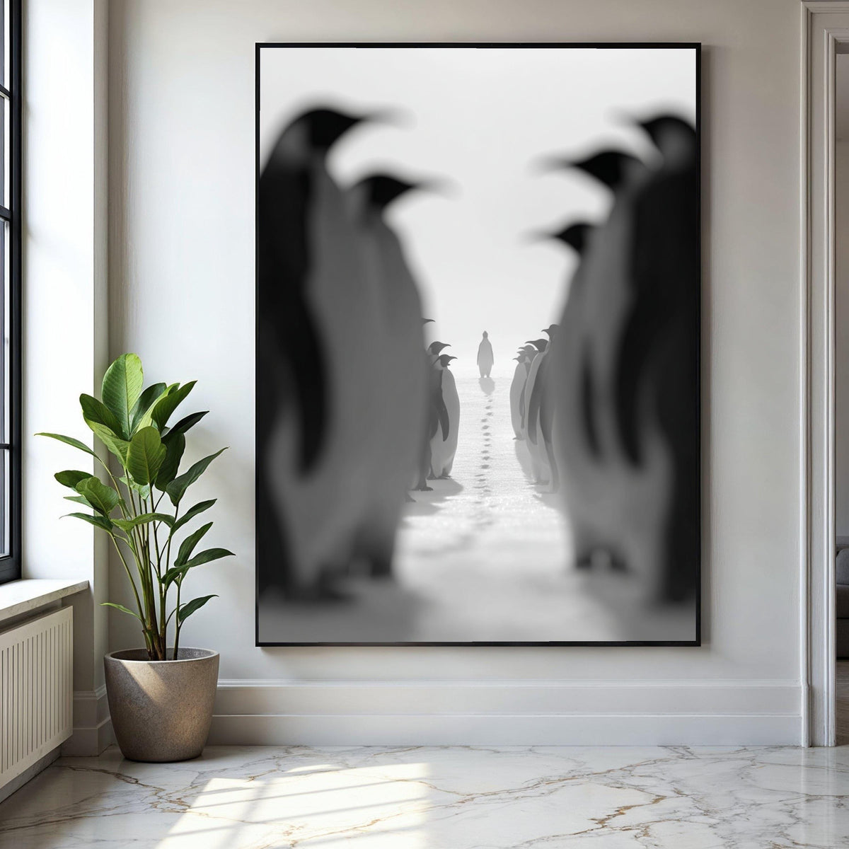 Majestic Emperor Penguins Gathering, Black and White Wildlife Canvas, Antarctic Nature Scene, Winter Landscape Gift Art, Home Decor, Print