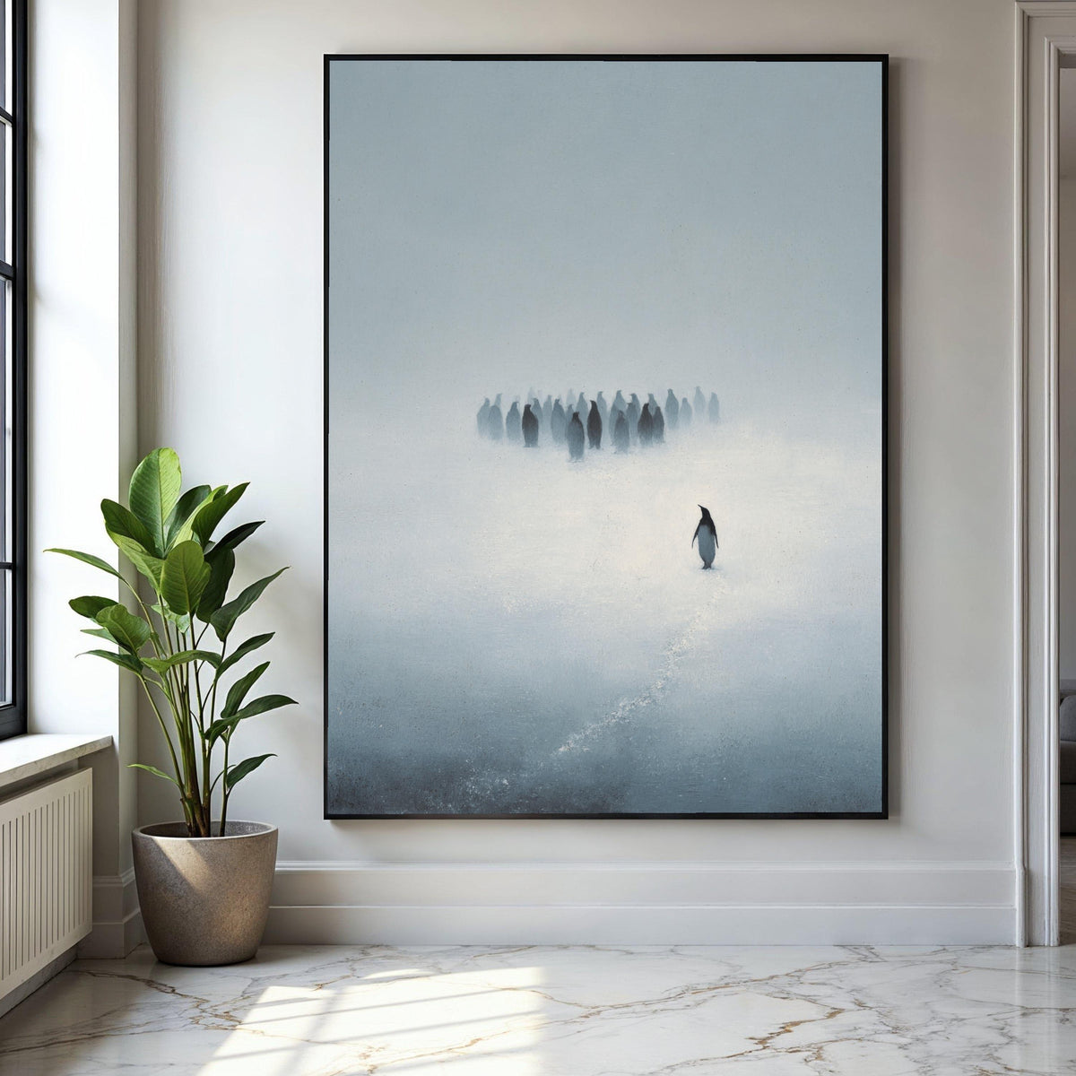 Solitary Penguin in Misty Snow Canvas, Minimalist Animal Wall Art, Antarctic Wildlife Painting, Modern Nature Gift Art, Home Decor, Print