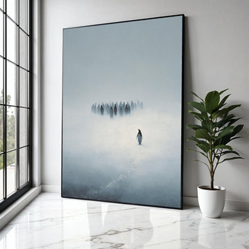 Solitary Penguin in Misty Snow Canvas, Minimalist Animal Wall Art, Antarctic Wildlife Painting, Modern Nature Gift Art, Home Decor, Print