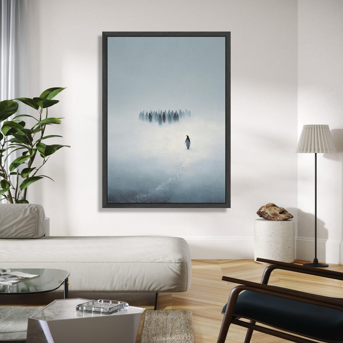 Solitary Penguin in Misty Snow Canvas, Minimalist Animal Wall Art, Antarctic Wildlife Painting, Modern Nature Gift Art, Home Decor, Print