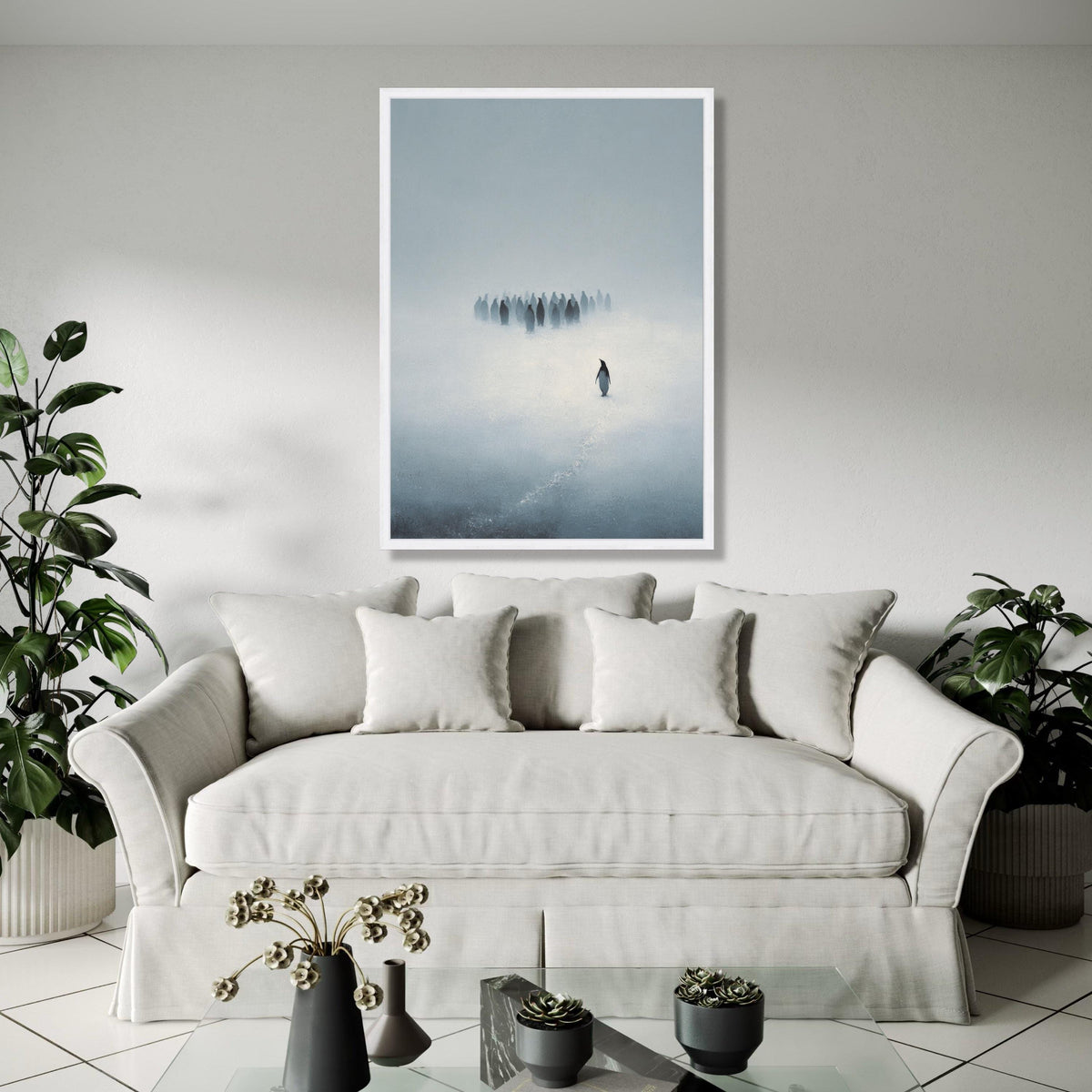 Solitary Penguin in Misty Snow Canvas, Minimalist Animal Wall Art, Antarctic Wildlife Painting, Modern Nature Gift Art, Home Decor, Print
