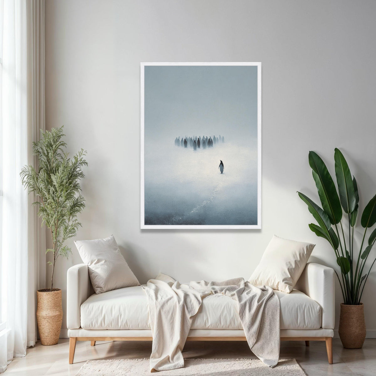 Solitary Penguin in Misty Snow Canvas, Minimalist Animal Wall Art, Antarctic Wildlife Painting, Modern Nature Gift Art, Home Decor, Print