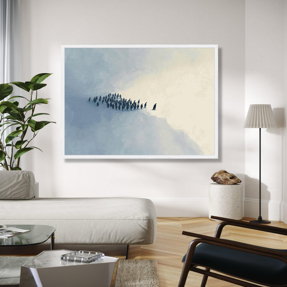Minimalist Penguin Group Canvas, Cold Winter Scene Wall Art, Abstract Animal Painting, Modern Nature Canvas Gift Art, Home Decor, Print