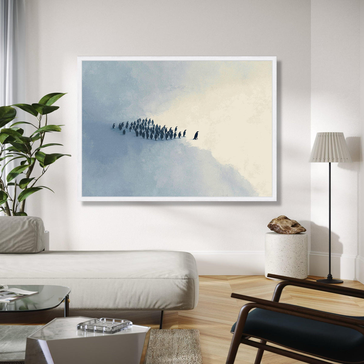 Minimalist Penguin Group Canvas, Cold Winter Scene Wall Art, Abstract Animal Painting, Modern Nature Canvas Gift Art, Home Decor, Print