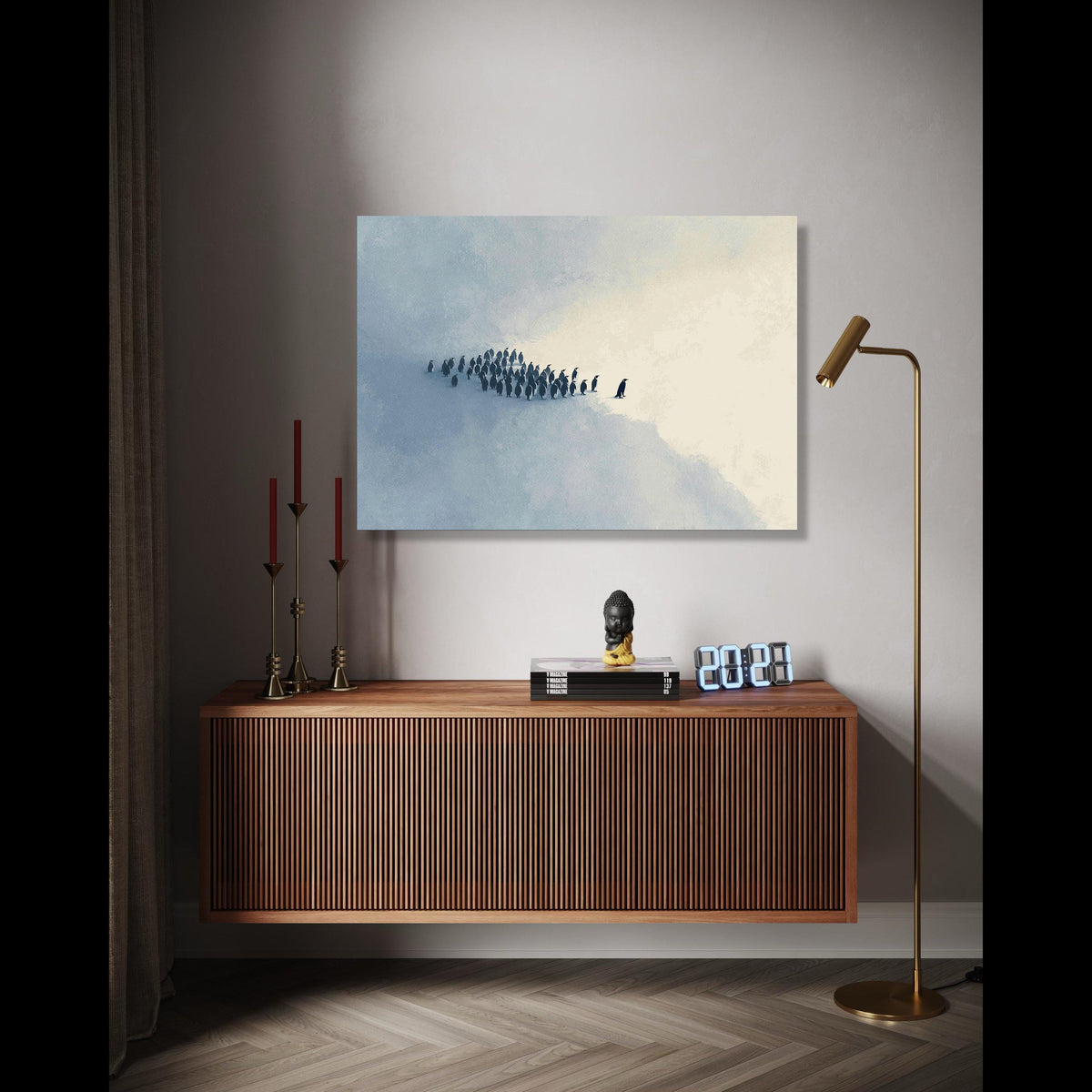 Minimalist Penguin Group Canvas, Cold Winter Scene Wall Art, Abstract Animal Painting, Modern Nature Canvas Gift Art, Home Decor, Print