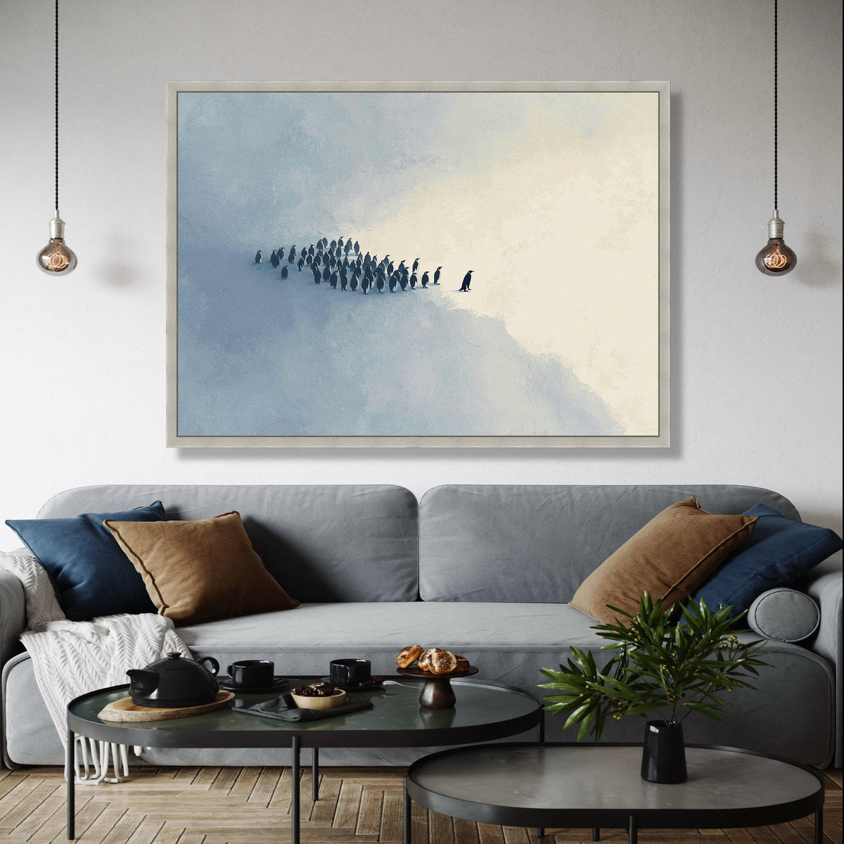 Minimalist Penguin Group Canvas, Cold Winter Scene Wall Art, Abstract Animal Painting, Modern Nature Canvas Gift Art, Home Decor, Print